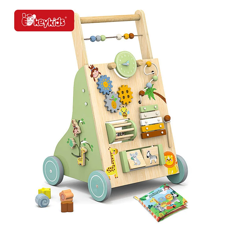 Wooden Baby Walker Toy with Multi-Activity Center, Educational Toddler Push Walker with Sensory and Musical Activities W16E364